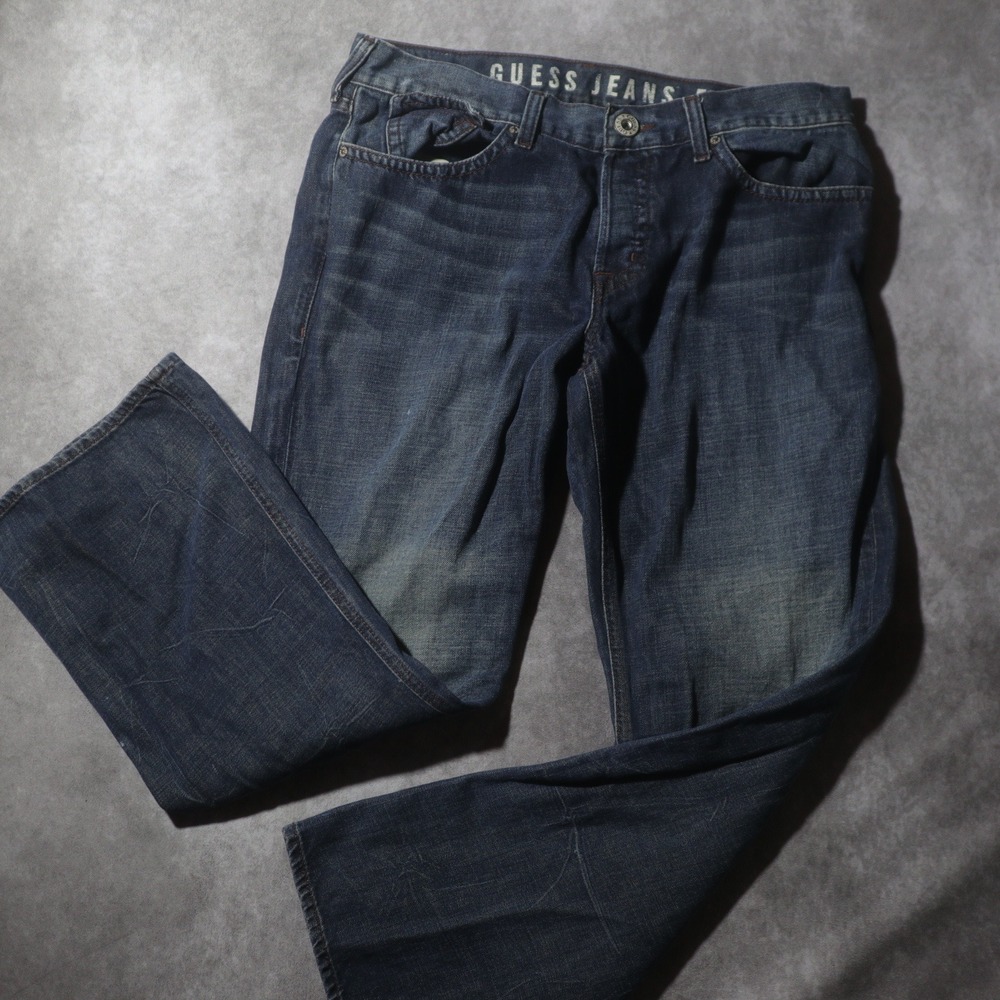 Guess Jeans Falcon Mens 36x30 Blue Dark Wash Boot Cut Denim Button Fly Pants